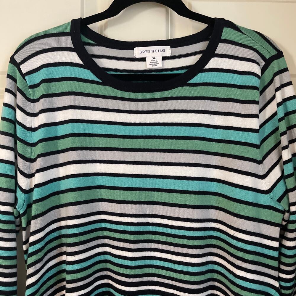 Skye's The Limit Hi-Low Hem Stripe Sweater - Aqua/Black/Cream - Sz XL - Picture 2 of 12